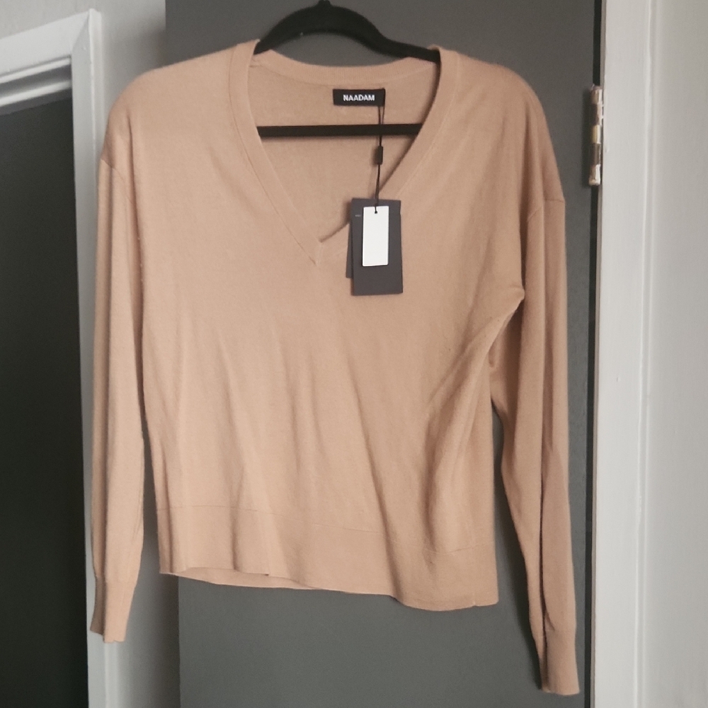 NAADAM Tan Cashmere Long Sleeve V-Neck Sweater